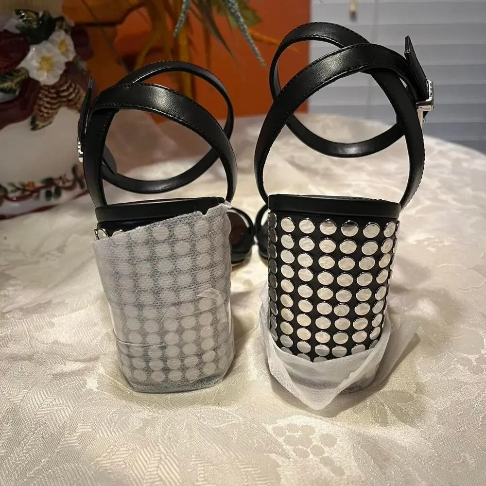 MICHAEL KORS Merriam Studded Leather Block-Heel Sandals – Size 9